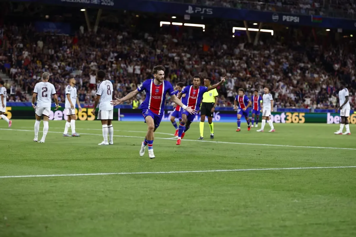Cầu thủ PSG ăn mừng bàn thắng trong trận Siêu cúp châu Âu 2026 gặp Aston Villa