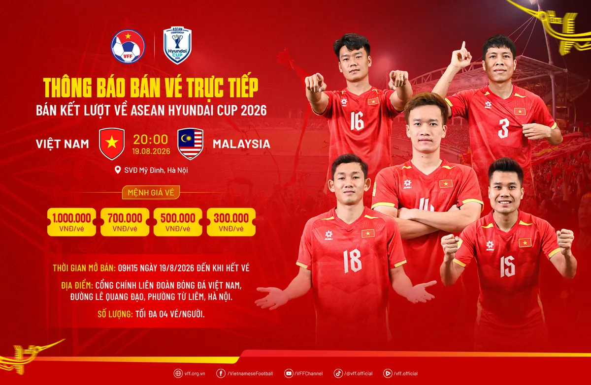 Áp phích thông báo bán vé trực tiếp trận bán kết lượt về ASEAN Cup 2026 của VFF