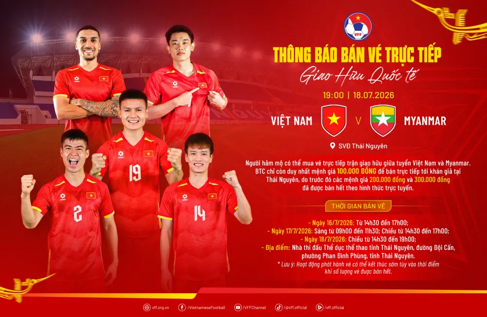 Áp phích thông tin bán vé trực tiếp trận Việt Nam gặp Myanmar tại Thái Nguyên