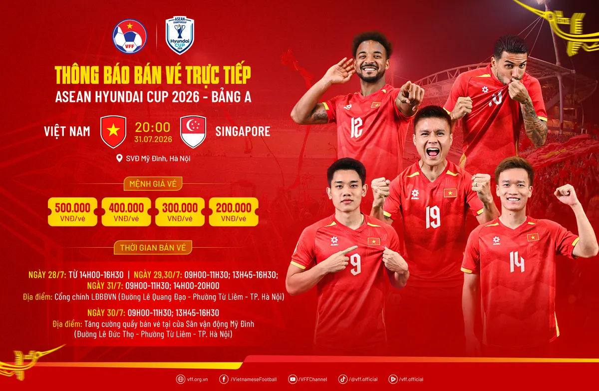 Poster bán vé trận Việt Nam gặp Singapore lúc 20h00 ngày 31 tháng 7 năm 2026